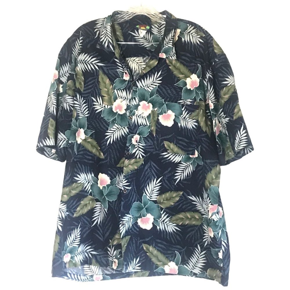 Vintage Hawaii Blues Hawaiian Shirt Blue Palm Leaf Orchid Size XXL USA Camp Golf
